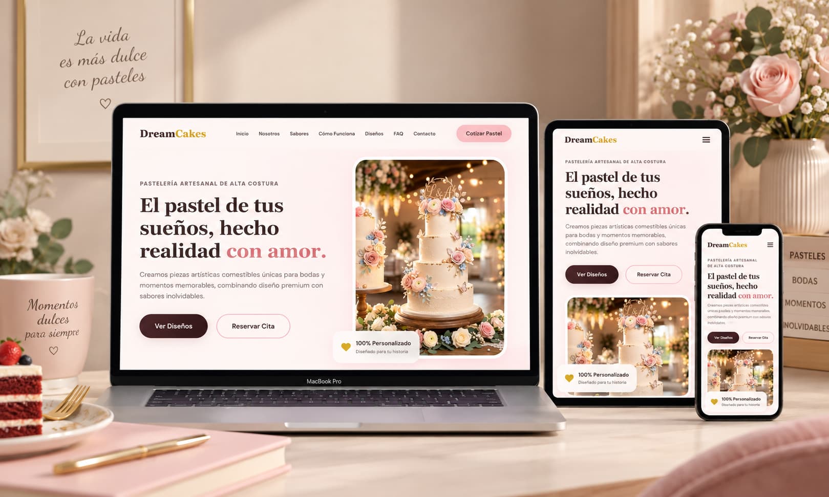 Vista del sitio web de Dream Cakes y sus pasteles personalizados