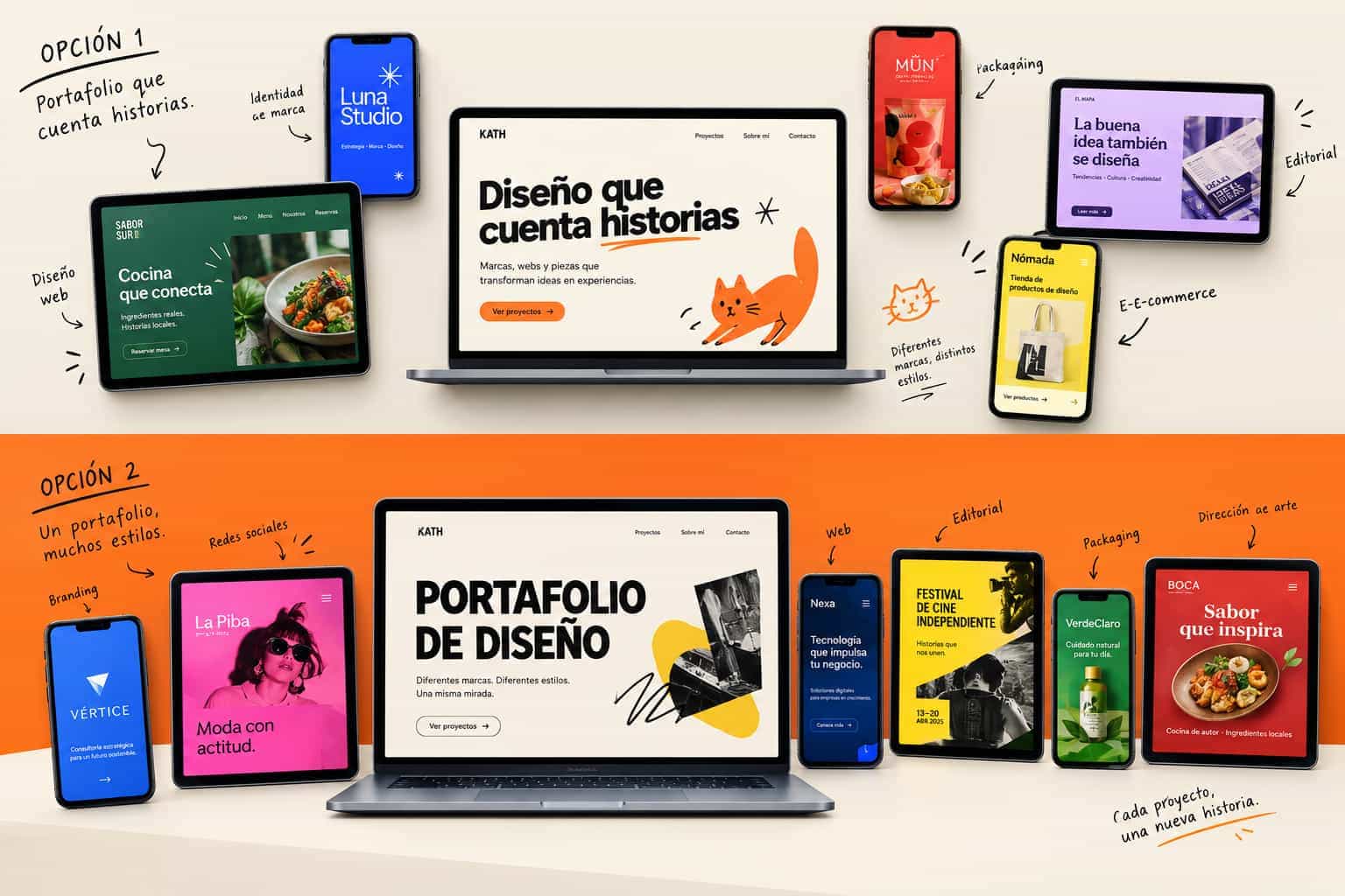 Composición editorial de proyectos web de Gato Naranja en laptop, tablet y móvil