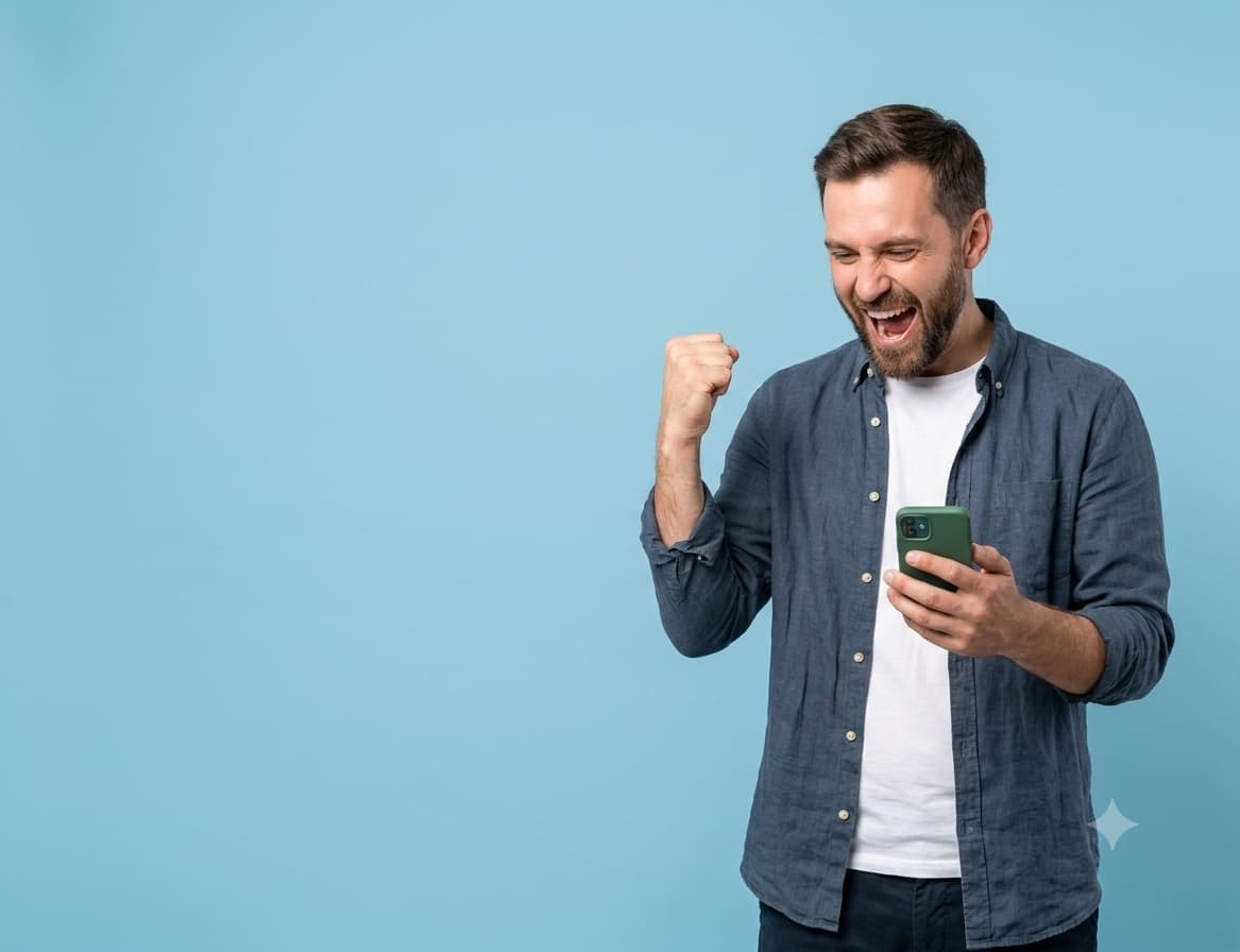 Persona celebrando la promoción de hosting y dominio gratis